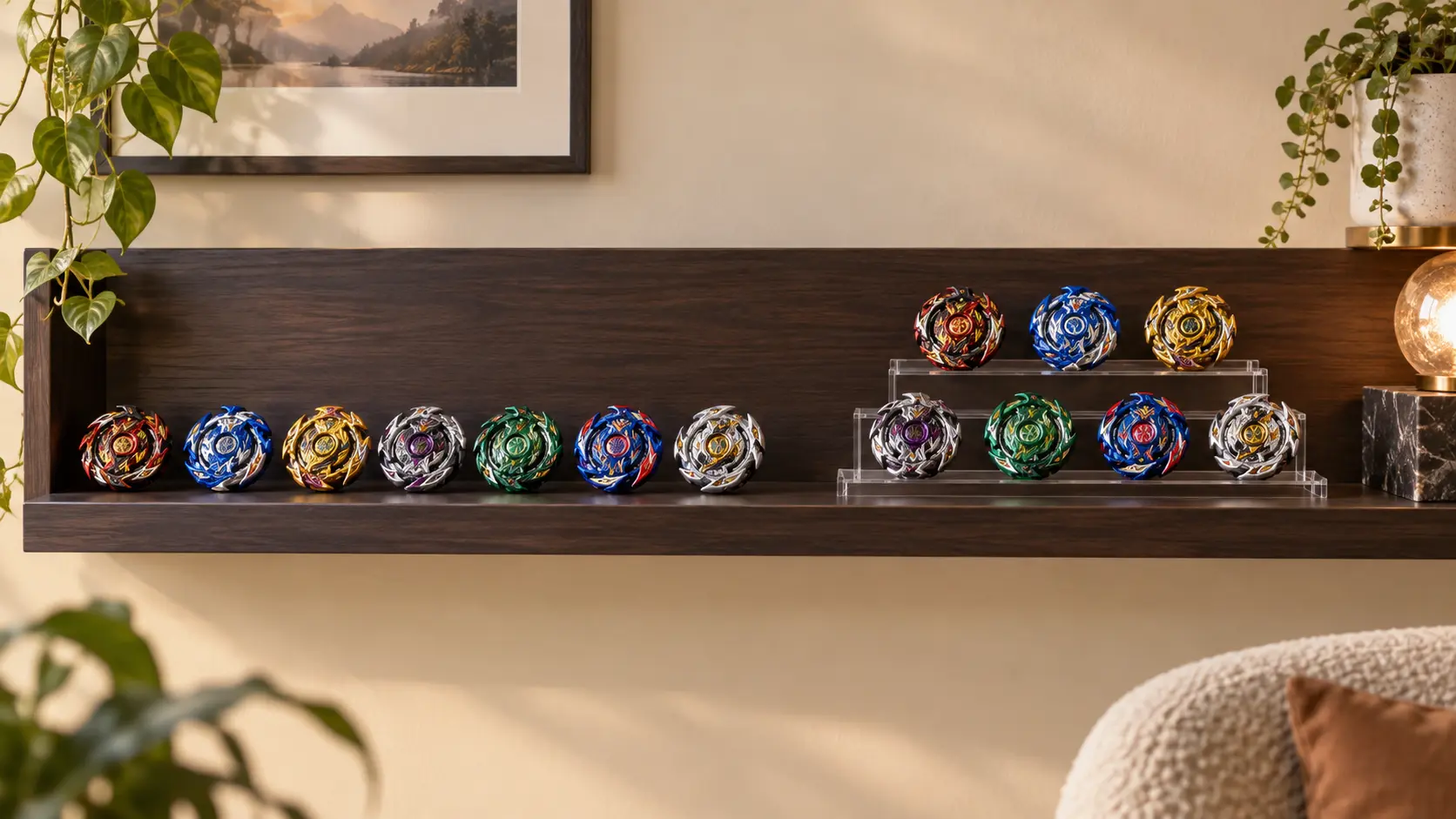 Comparaison d’une rangée de toupies Beyblade à plat et d’une présentation stable sur trois niveaux