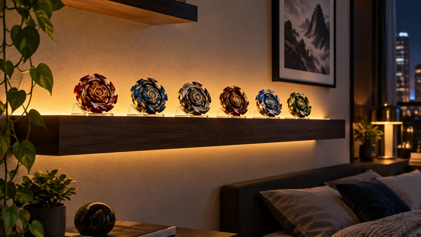 Éclairage indirect orienté vers le fond derrière une collection Beyblade