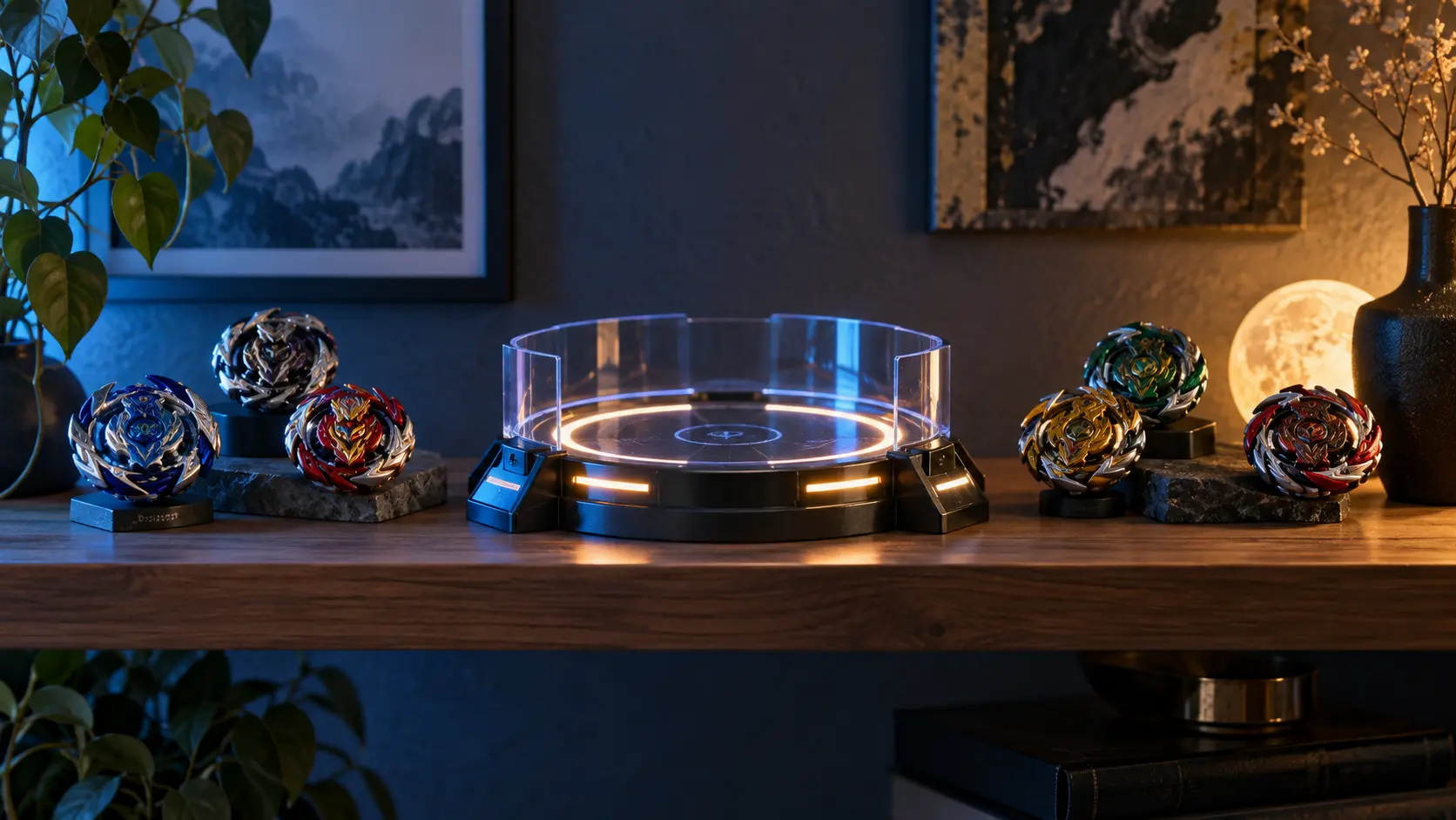 Scène miniature lumineuse placée entre deux groupes espacés de toupies Beyblade sur une étagère