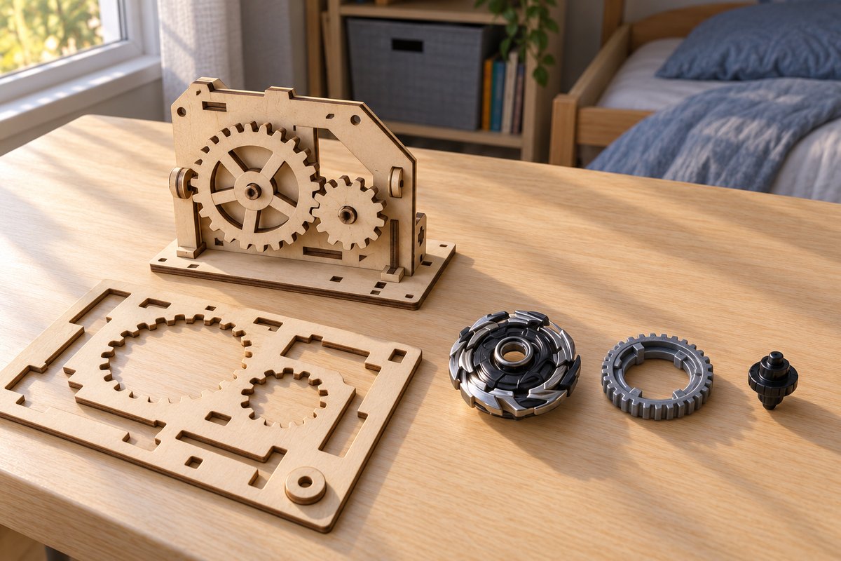 Maquette mécanique en bois à engrenages à côté d'une toupie démontée en trois pièces