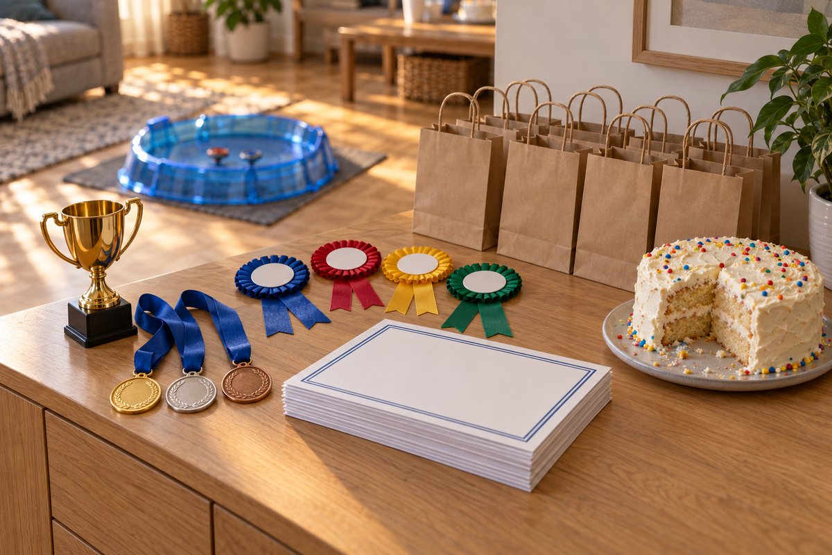 Médailles, trophée, diplômes et sachets cadeaux préparés pour la fin du tournoi